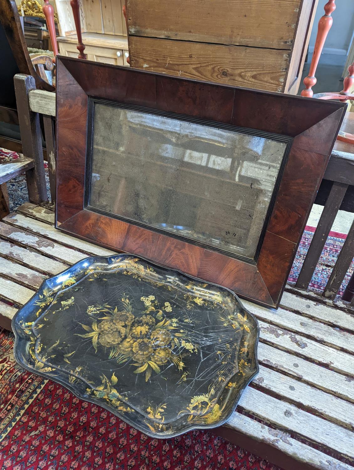 A Victorian papier-mache tray together with a Victorian rectangular mahogany wall mirror, width