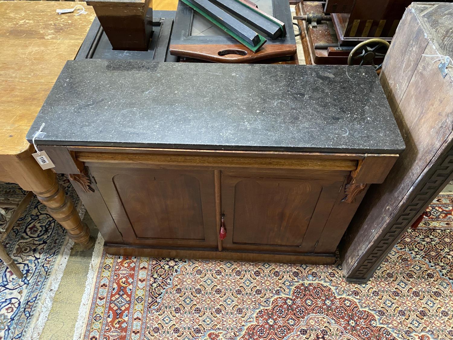 A Victorian mahogany marble topped chiffonier, width 106cm, depth 38cm, height 83cm - Image 2 of 2