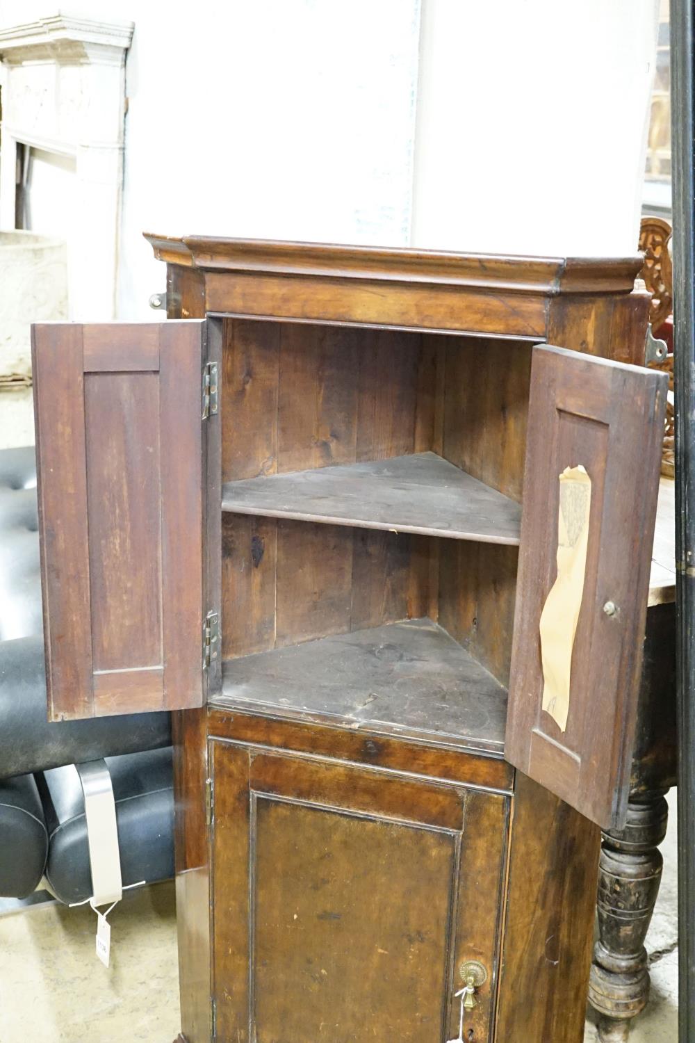 An Edwardian mahogany three door hanging corner cupboard, width 60cm, height 113cm - Image 2 of 3