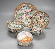 A Chinese famille rose box and cover, 9.7 cm diameter and a group of porcelain ‘chicken’ wares,