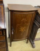 An Edwardian satinwood banded marquetry inlaid mahogany bow front side cabinet, width 53cm, depth