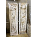 A pair of rectangular plaster putti panels, early 20th century, width 30cm, height 126cm