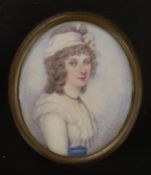 Early 20th century English School, watercolour on ivory, Miniature of an 18th century lady, 9 x 7cm