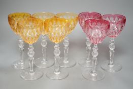 Eight hock or claret wine glasses, with colour flashed bowls, 20cm