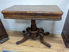 A good William IV rectangular rosewood folding card table, stamped with makers mark internally ‘T.