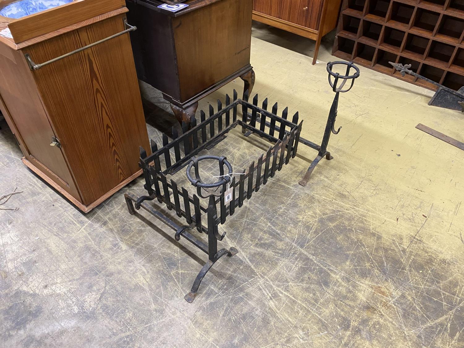 A wrought iron fire basket, width 71cm, depth 41cm, height 36cm and a pair of fire dogs - Image 2 of 2