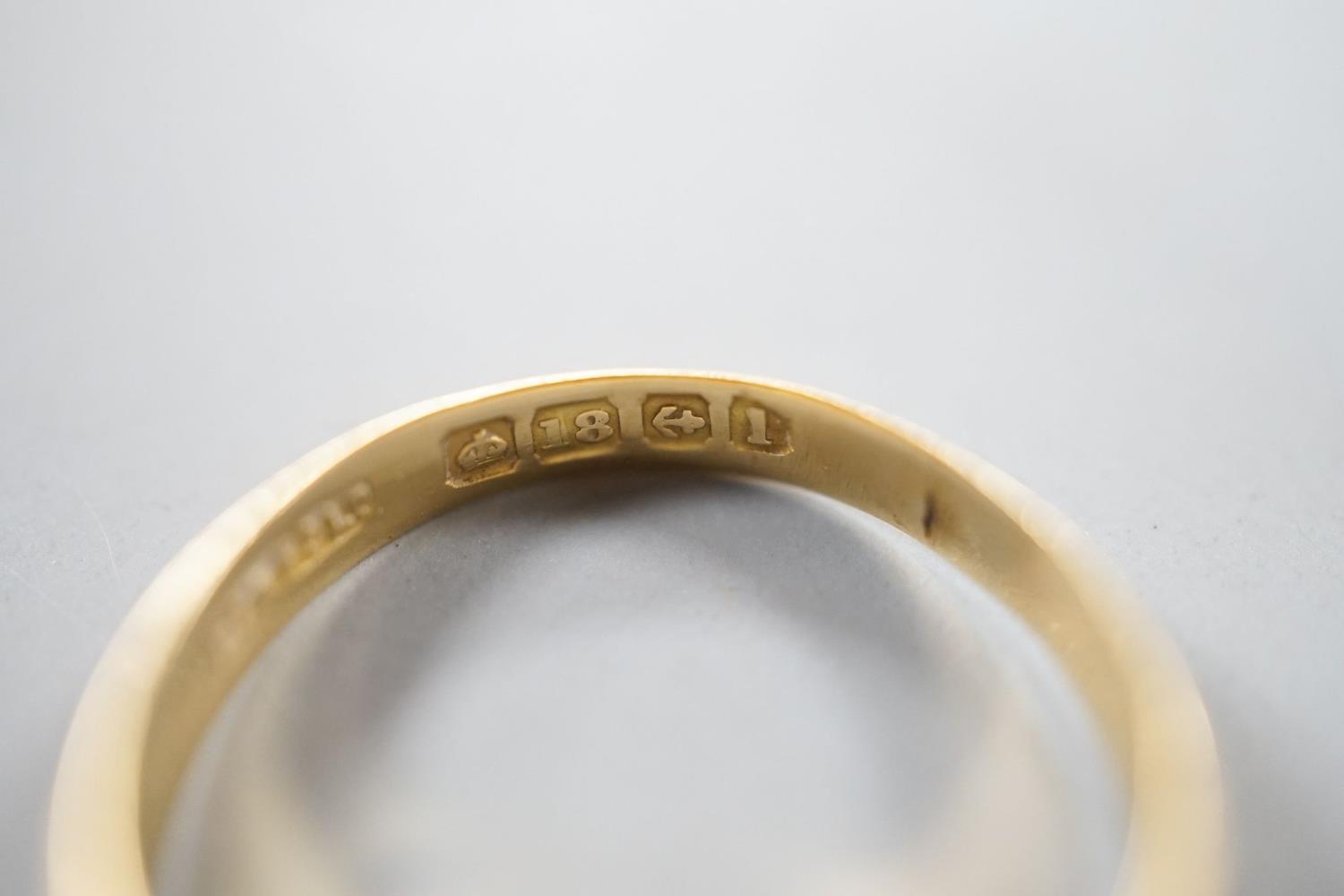 A George V 18ct gold and diamond chip set ring, size O and a later 750 yellow metal and solitaire - Image 6 of 7