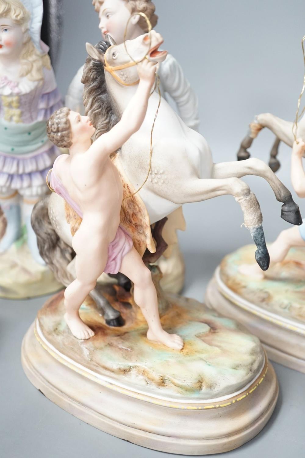 A pair of French bisque Marly horse groups and two pairs of French porcelain figures 27cm - Image 6 of 8