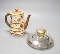 A Royal Worcester Japanese taste coffee pot and a Victorian glass squat shaped inkwell, with a brass