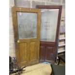 Two Victorian internal doors with etched glass panels marked 'Office' and 'Private', larger width