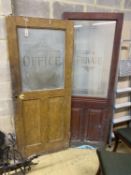 Two Victorian internal doors with etched glass panels marked 'Office' and 'Private', larger width