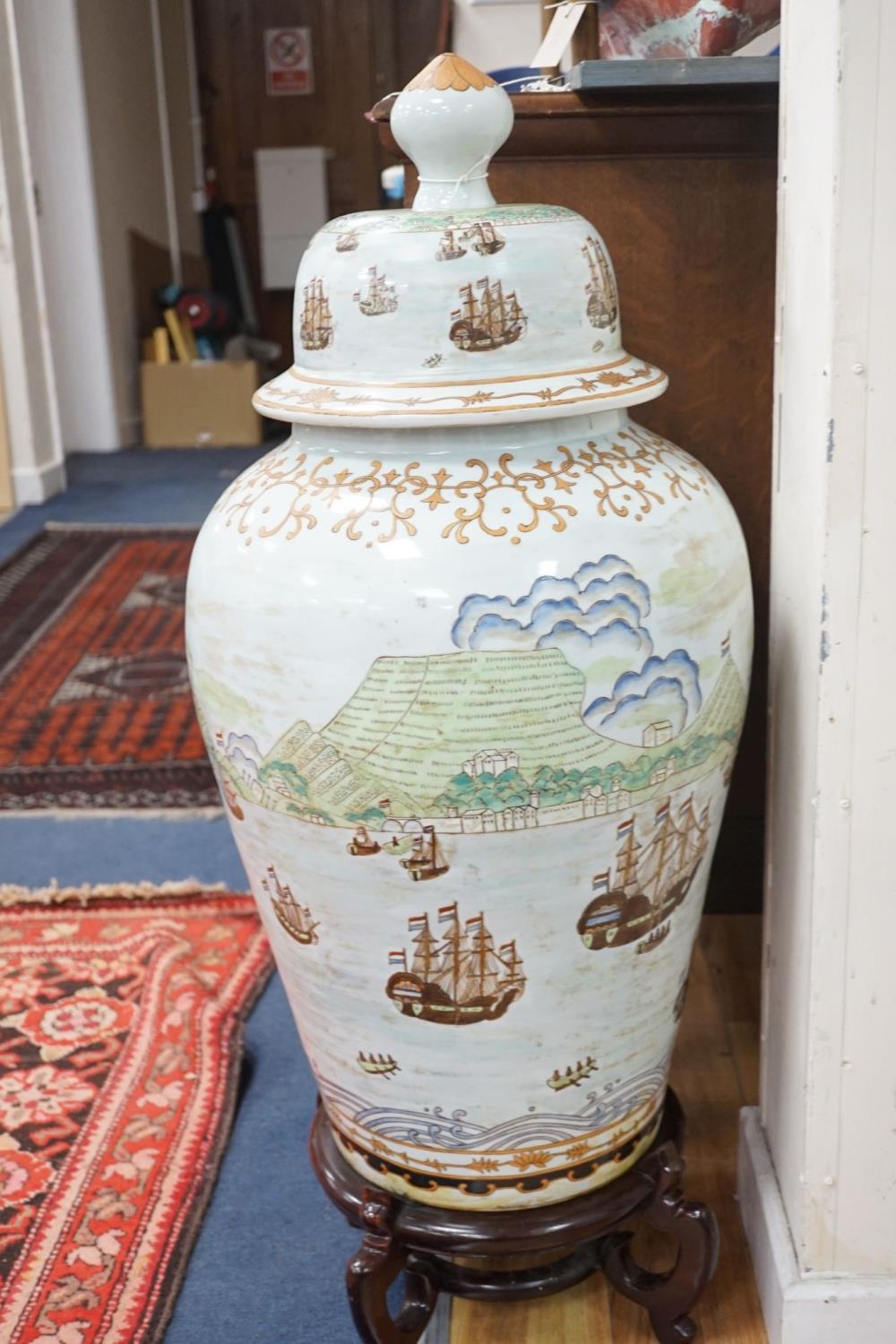 A large Chinese enamelled porcelain vase and cover on stand 100cm - Image 4 of 9