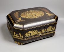 A mid 19th century Chinese Cantonese lacquer workbox with with carved Ivory sewing accessories to