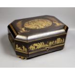 A mid 19th century Chinese Cantonese lacquer workbox with with carved Ivory sewing accessories to