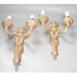 A pair of neo-classical style gilt composition twin-light wall sconces, 38cm