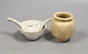 A Chinese Tek Sing cargo bowl and 2 rice spoons and a Chinese Song Qingbai jar,Jar 7 cms high.
