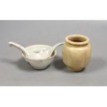 A Chinese Tek Sing cargo bowl and 2 rice spoons and a Chinese Song Qingbai jar,Jar 7 cms high.