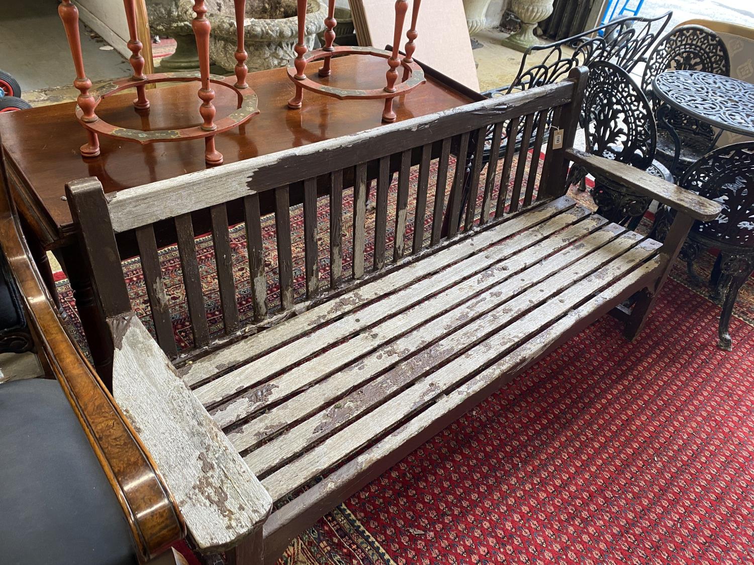 A part painted weathered teak garden bench, length 183cm, depth 56cm, height 80cm - Image 3 of 3