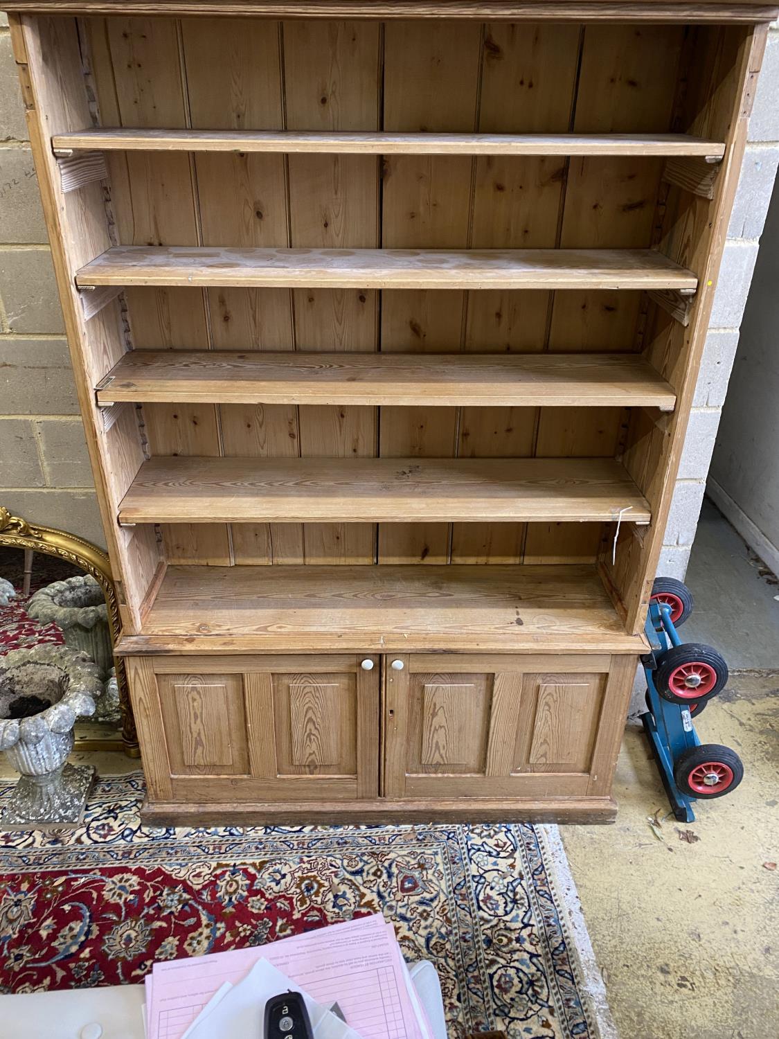 A Victorian stripped pine open fronted bookcase cupboard, length 150cm, depth 42cm, height 214cm - Image 3 of 3