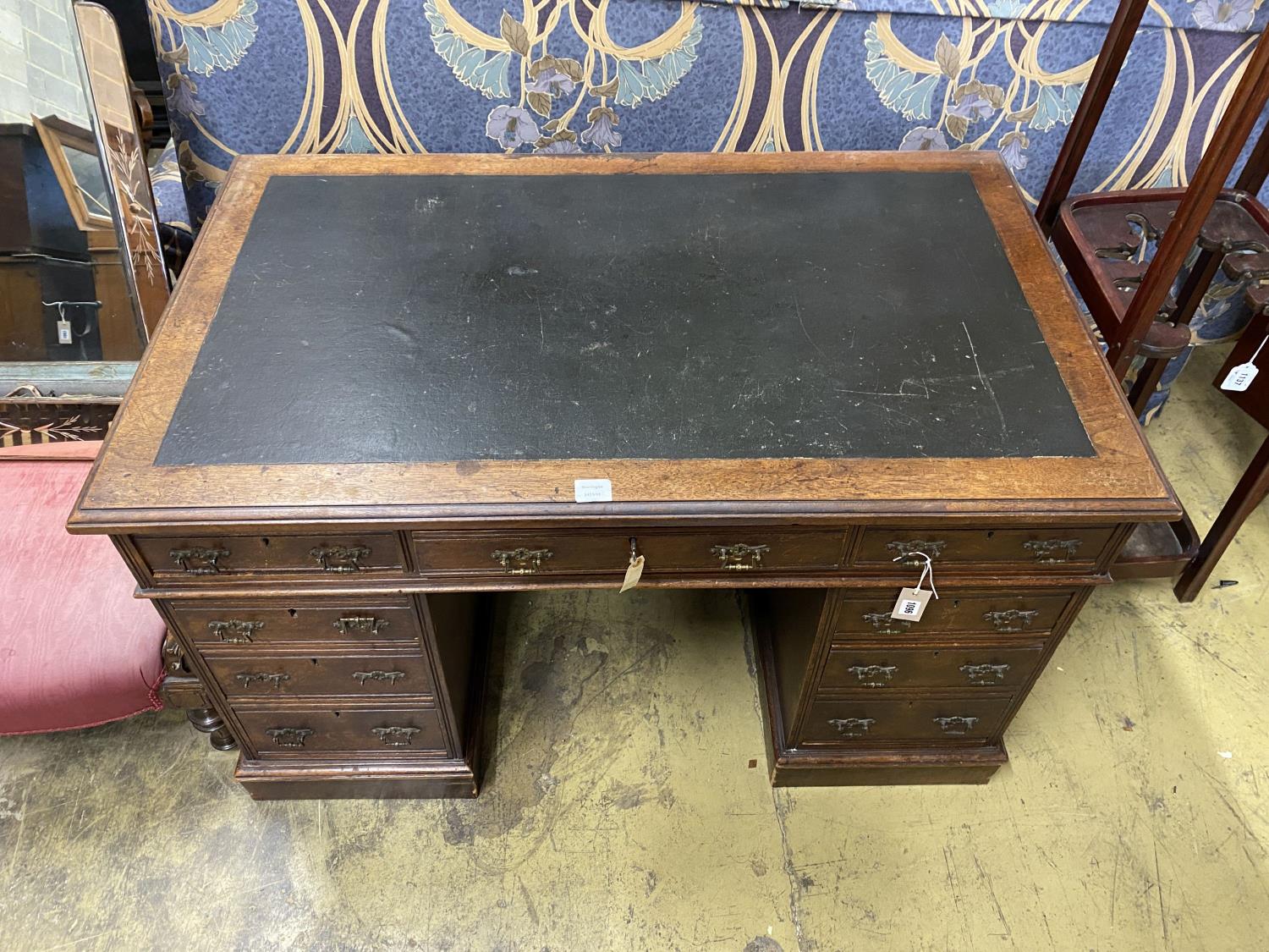 A late Victorian walnut nine drawer pedestal desk, length 122cm, depth 73cm, height 75cm - Image 2 of 3