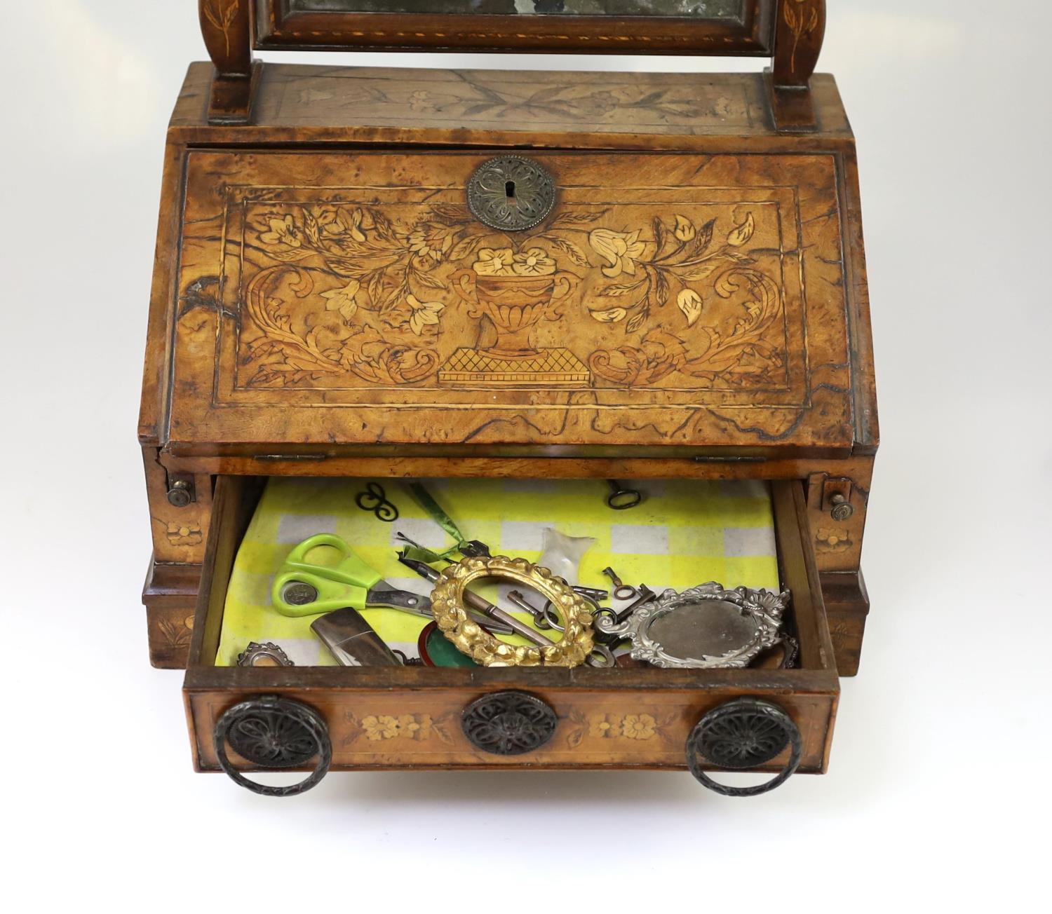 A mid to late 18th century Dutch walnut and marquetry toilet mirror bureau,with original plate, - Image 3 of 5
