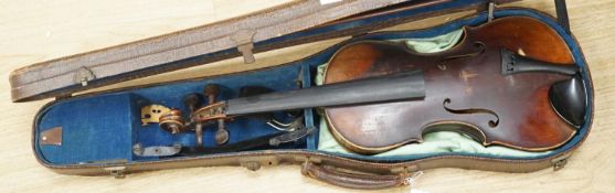 A late 19th century German violin and two bows, cased