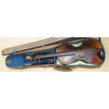 A late 19th century German violin and two bows, cased