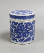 A 19th century Chinese blue and white pot and cover,9 cms high.