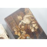 A 19th century papier mache snuff box and a similar carved ivory toothpick box,snuff box 5 cms