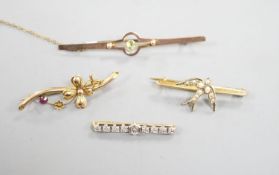 Three assorted 9ct and gem set bar brooches, including a swallow brooch, gross 5.9 grams and one