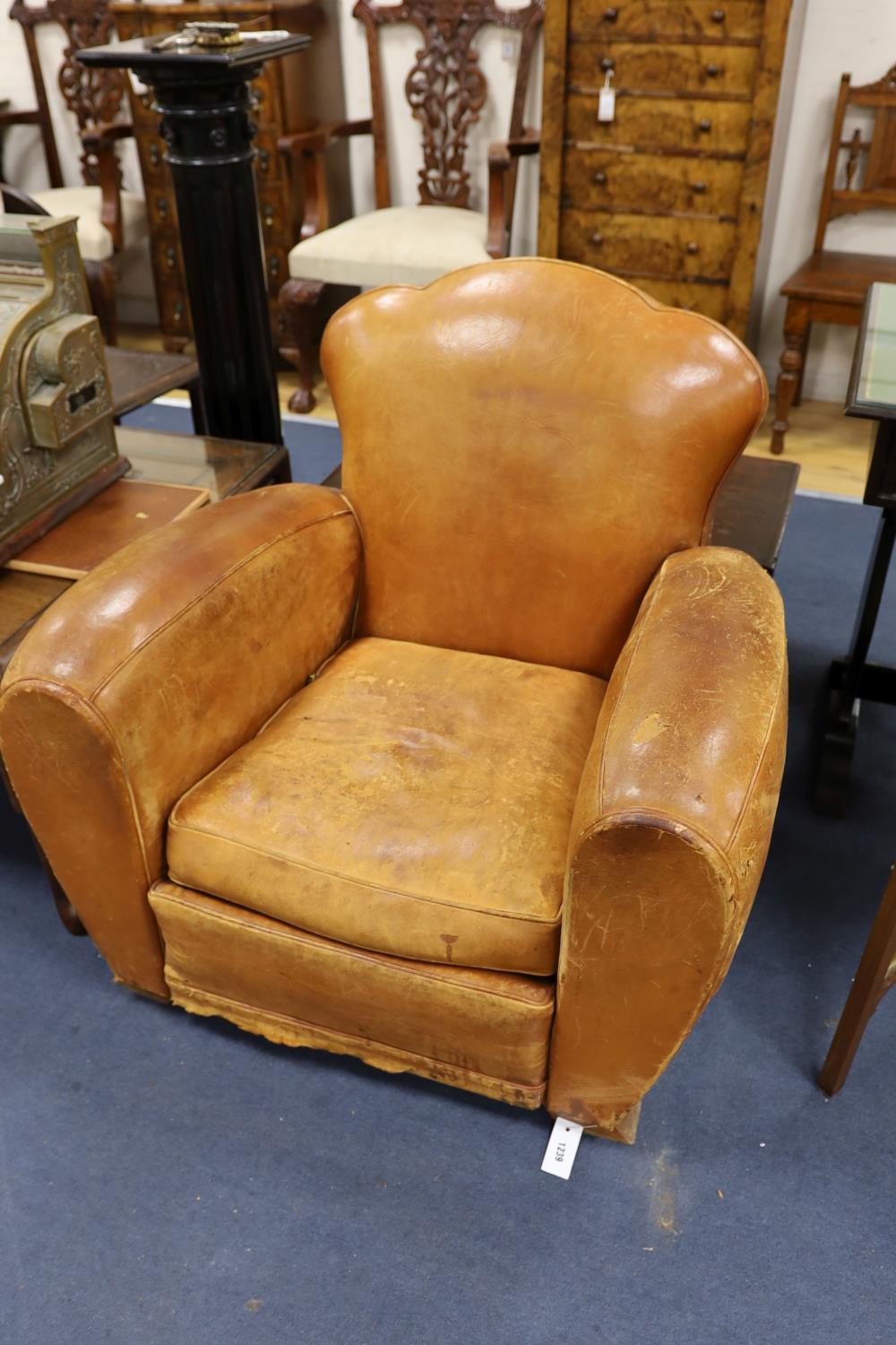 A pair of mid 20th century French tan leather club armchairs, width 90cm, depth 84cm, height 80cm - Image 2 of 5