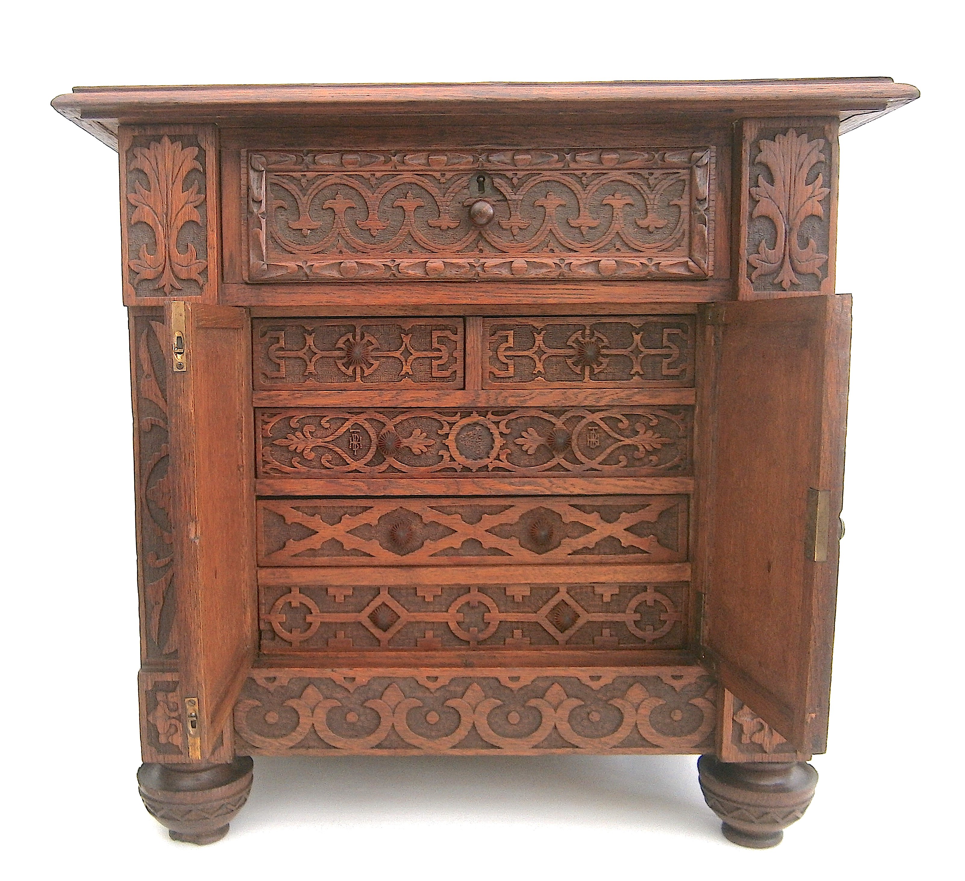 A Victorian carved oak table top collector's cabinet, width 58cm, depth 37cm, height 56cm - Image 9 of 9