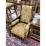 A Victorian spiral turned upholstered open armchair, width 60cm, depth 58cm, height 117cm