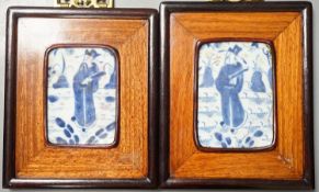 A pair of Chinese framed blue and white tiles, total size 16 cm X 13.5 cm