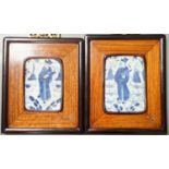 A pair of Chinese framed blue and white tiles, total size 16 cm X 13.5 cm