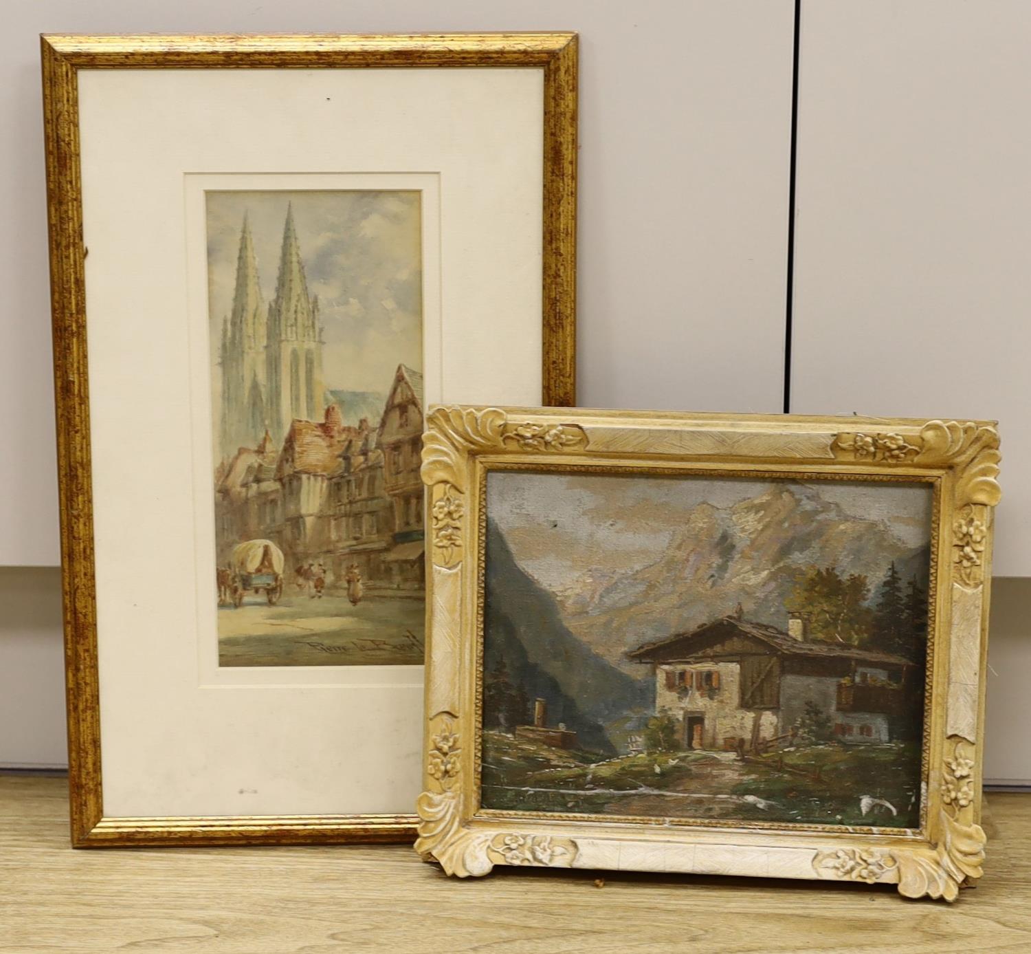 Pierre Le Boeff, watercolour, Continental street scene, signed, 27 x 12cm and an oil on card of an