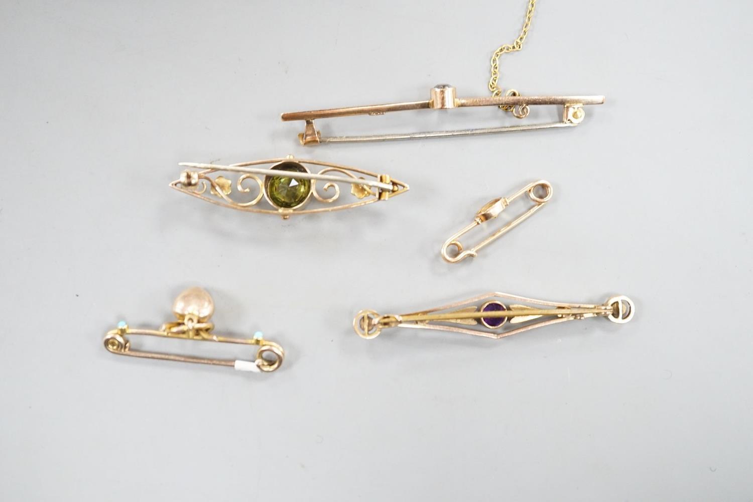 Five assorted early 20th century yellow metal and gem set brooches, including one 9ct and one with - Image 7 of 7