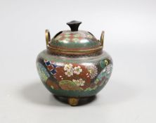 A small Japanese cloisonné enamel censer and cover,10 cms high.
