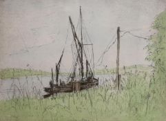 Michael Blaker (1928-), coloured etching, Barge on the Medway, signed in pencil, 38/150, 27 x 37cm