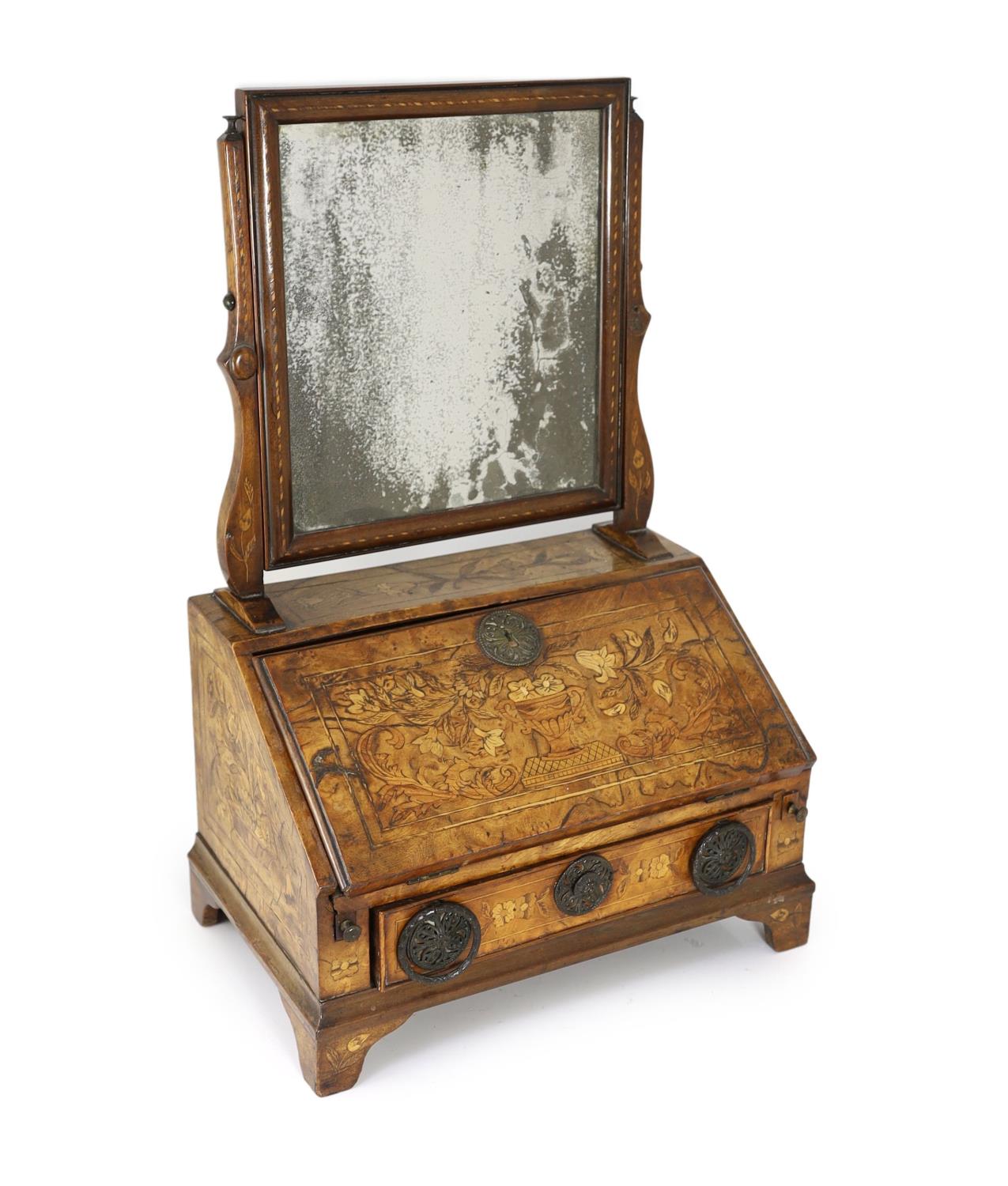 A mid to late 18th century Dutch walnut and marquetry toilet mirror bureau,with original plate,