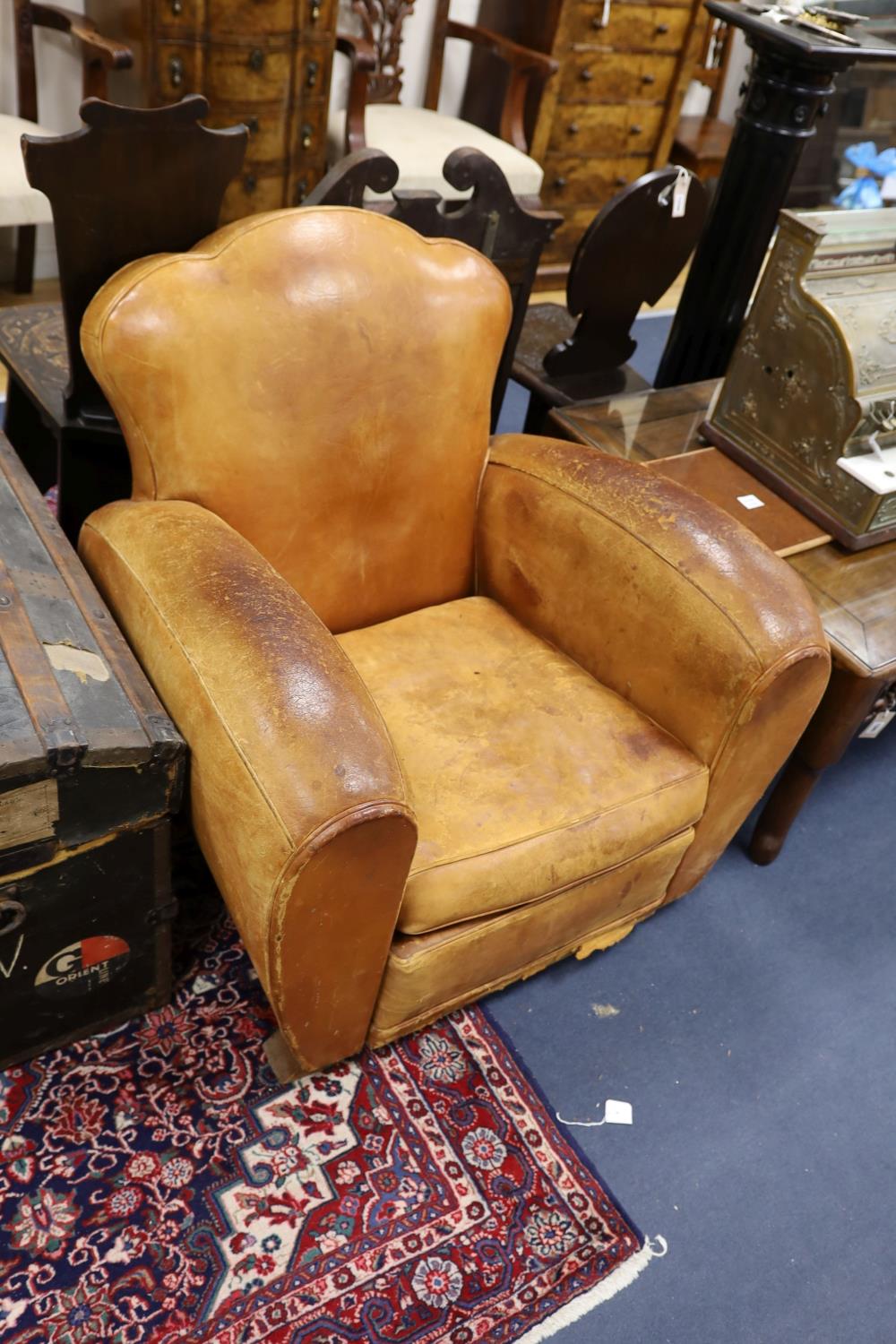 A pair of mid 20th century French tan leather club armchairs, width 90cm, depth 84cm, height 80cm - Image 5 of 5