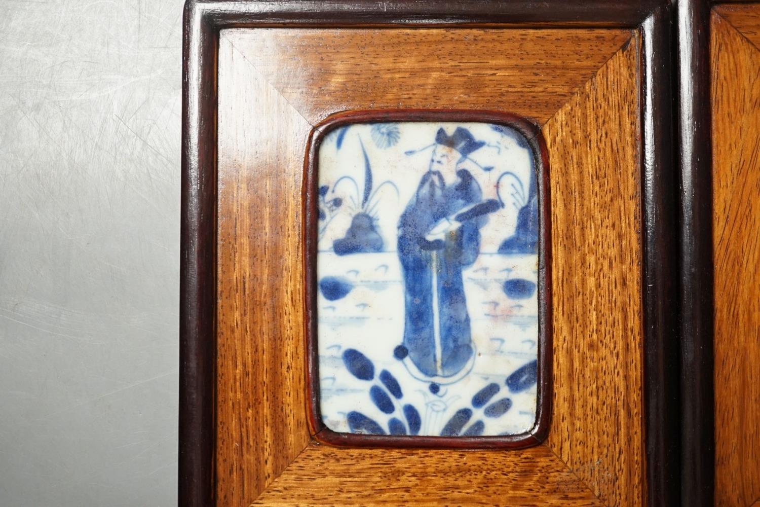 A pair of Chinese framed blue and white tiles, total size 16 cm X 13.5 cm - Image 2 of 3