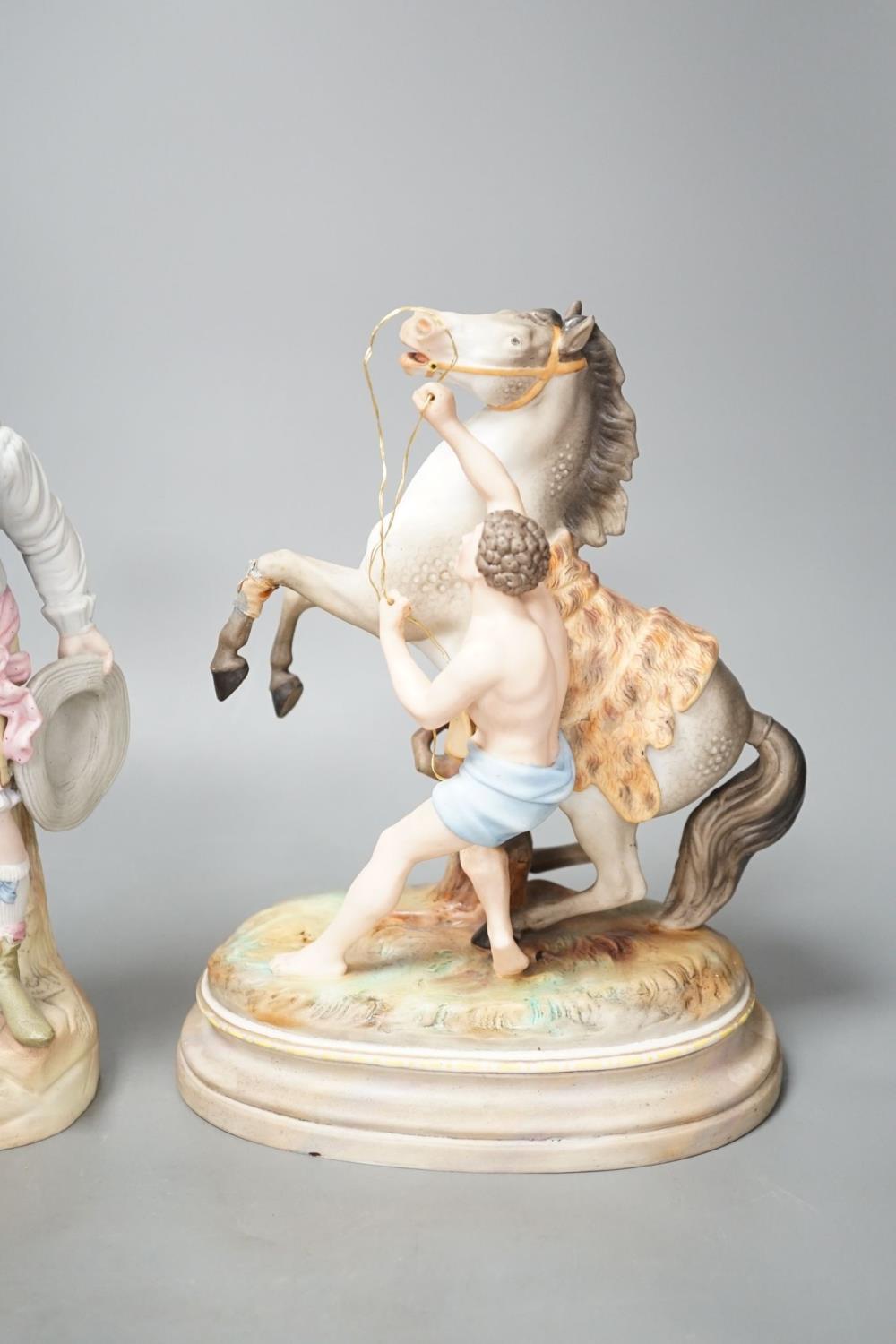 A pair of French bisque Marly horse groups and two pairs of French porcelain figures 27cm - Image 8 of 8