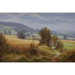 Christopher Osbourne (1947-), oil on canvas, 'Across the fields, The Pilgrims Way at Wrotham, Kent',