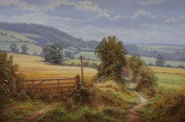 Christopher Osbourne (1947-), oil on canvas, 'Across the fields, The Pilgrims Way at Wrotham, Kent',