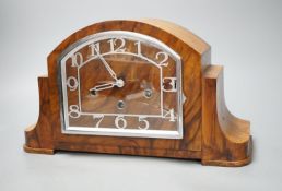 An Art Deco chrome and walnut mantel clock 37cm