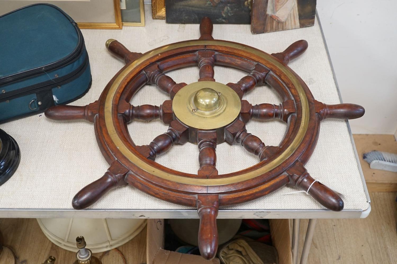 A 19th century mahogany and brass mounted ship's wheel 77cm - Image 2 of 5