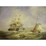 Jean Laurent (French, 1898-1988), oil on panel, Man O'War and sailing vessels in a choppy sea,