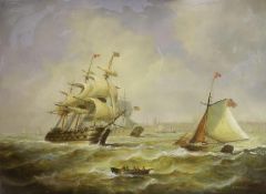 Jean Laurent (French, 1898-1988), oil on panel, Man O'War and sailing vessels in a choppy sea,