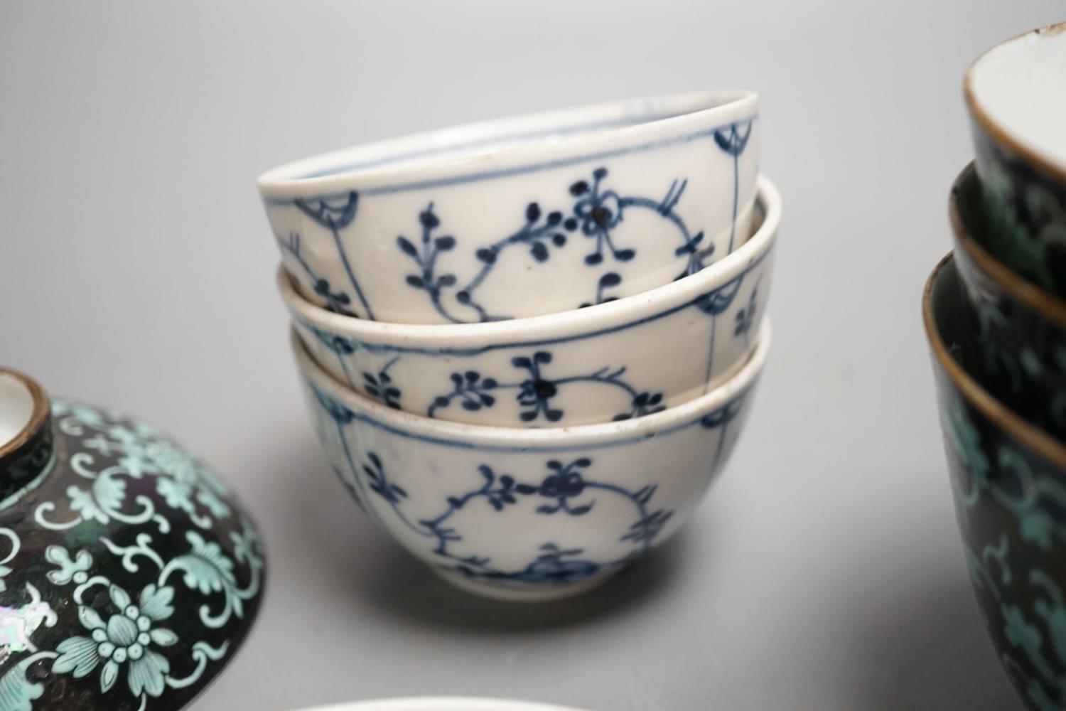 A 19th century Chinese black ground porcelain bowls and two covers, together with an three onion - Image 4 of 9